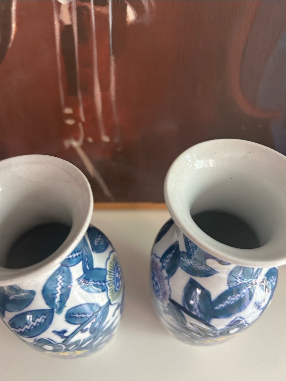 Pair Blue White Floral Ceramic Bud Vases Teal Pink Yellow Chinoiserie Decor - Picture 8 of 16
